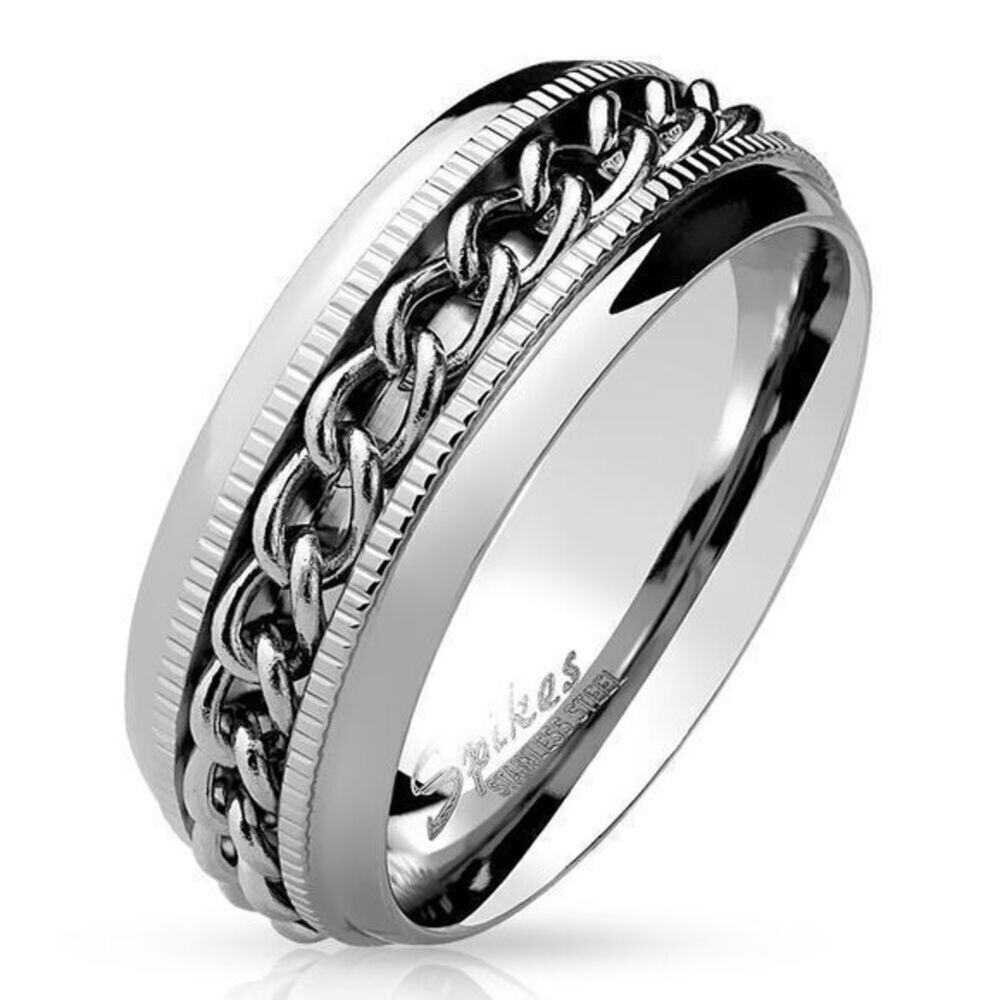Chain Center Spinner and Diacut Lined Stainless Steel Ring Size 9